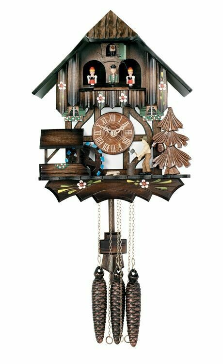 12" One Day Musical Cuckoo Clock Cottage with Dancers, Woodchopper, and Waterwheel