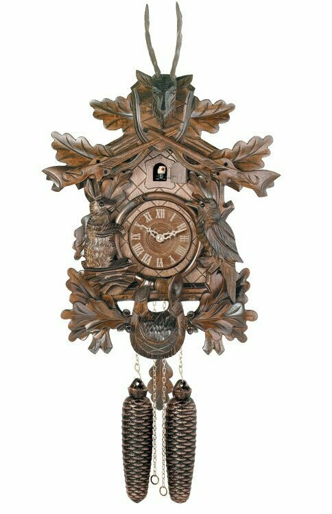 20"  Eight Day Hunter's Cuckoo Clock with Hand-carved Oak Leaves, Animals, Rifles, and Buck