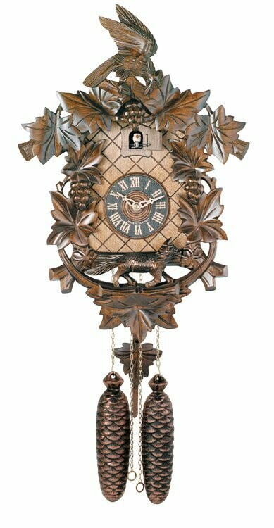 18" Eight Day Hand-carved Cuckoo Clock with Aesop's Fable Themed Carvings - Fox, Bird and Grapevines