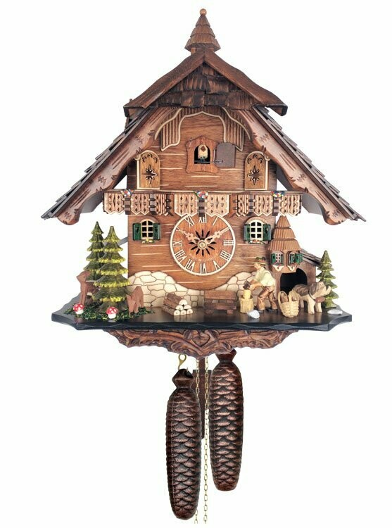 13" Eight Day Cuckoo Clock  - Cottage, Turret, Man Chopping Wood