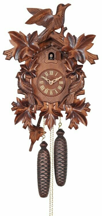 16" Eight Day Cuckoo Clock with Three Hand-carved Birds and Seven Leaves