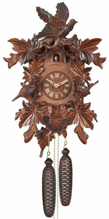 17" Eight Day Cuckoo Clock with Hand-carved Leaves, Birds, and Bird Nest with Chicks