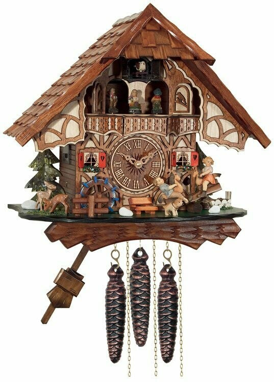 13" One Day Musical Cuckoo Clock Cottage with Boy and Girl on Seesaw