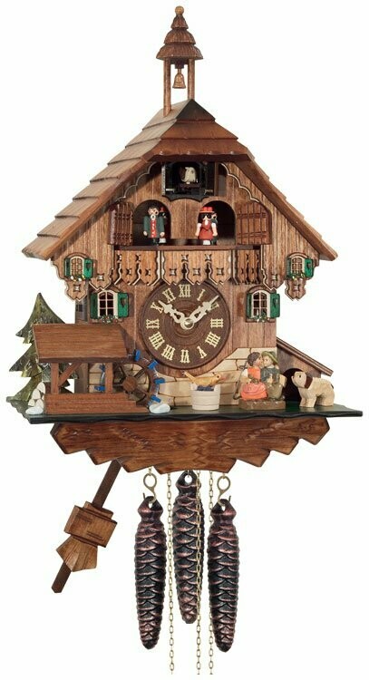 14" One Day Musical Cuckoo Clock Cottage - Boy and Girl Kiss, Waterwheel Turns