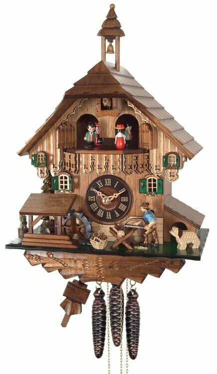 14" One Day Musical Cuckoo Clock Cottage with Man Sawing Wood, Waterwheel and Dancers