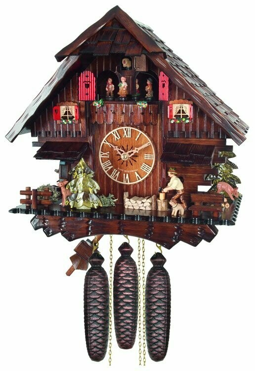 13" Eight Day Musical Cuckoo Clock Cottage with Man Chopping Wood and Moving Waterwheel