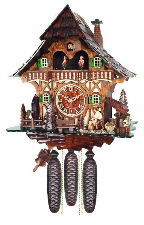 Eight Day Musical Cuckoo Clock Cottage with Woodchopper and Waterwheel