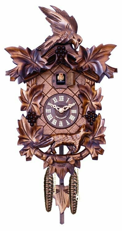 15" Aesop's Fable Cuckoo Clock with Hand-carved Maple Leaves, Grapes, Bird, and Fox