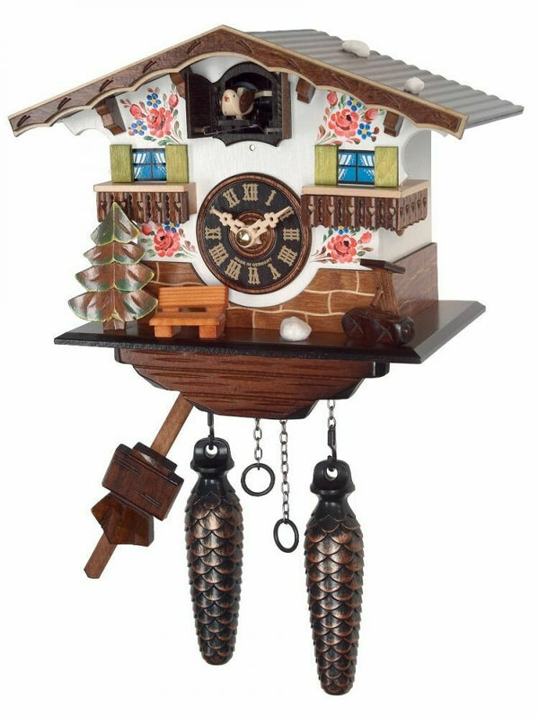 7" White Cuckoo Clock Cottage w/ Bench and Tree with 12 Melodies