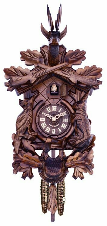 16" Hunter's Cuckoo Clock with Hand-carved Oak Leaves, Bunny, Bird, and Crossed Rifles, and Buck