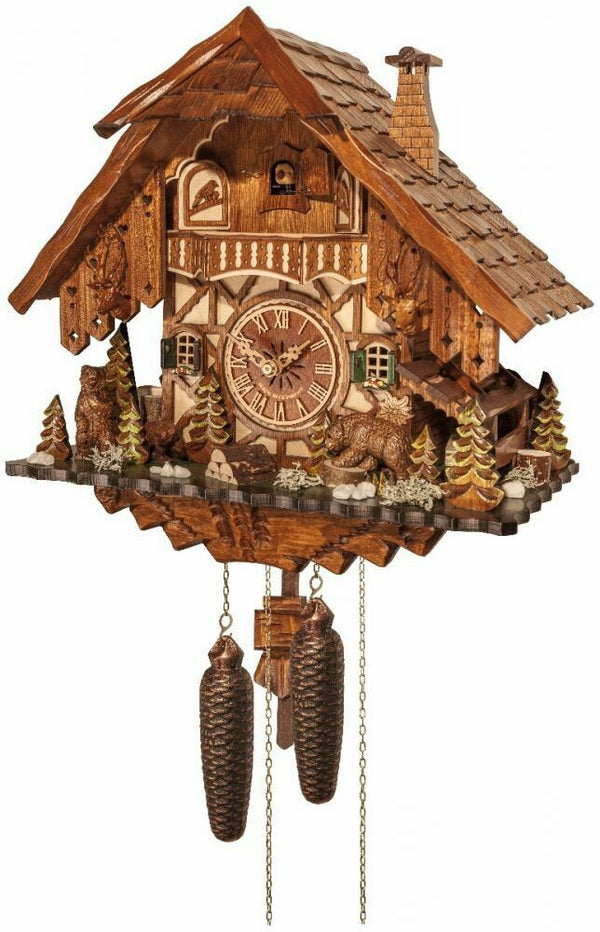 17" Eight Day Cuckoo Clock Cottage with Bears and Pine Trees