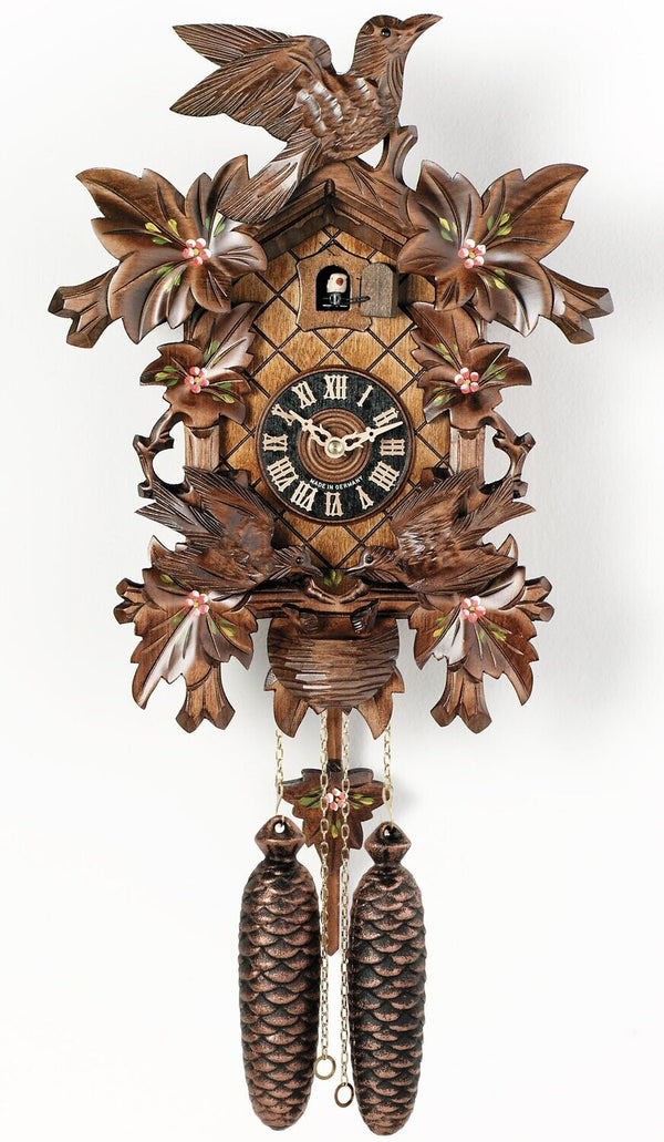 16" Eight Day Cuckoo Clock with Hand-painted Flowers, Leaves, and Animated Birds Feeding Baby Birds