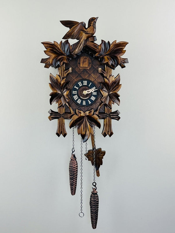 14" Traditional German Cuckoo Clock with Five Hand-carved Maple Leaves and One Bird