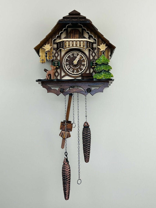 10" Musical Cuckoo Clock Cottage with Deer, Water Pump, and Tree