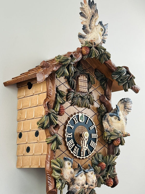 Eight Day Musical Cuckoo Clock Carved Owls and Leaves with Hoot sound