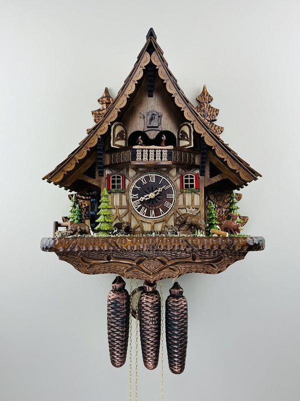 17" Eight Day Musical Cuckoo Clock Cottage with Moving Bear and Moving Waterwheel