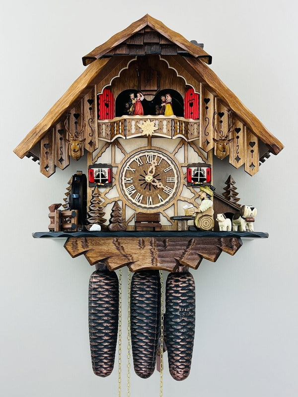 14" Eight Day Musical Cuckoo Clock Cottage with Beer Drinker and Moving Waterwheel