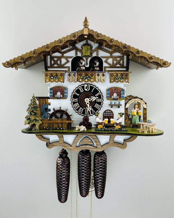 15" Eight Day Musical Cuckoo Clock Beer Drinkers raise mugs as maid serves from Biergarten