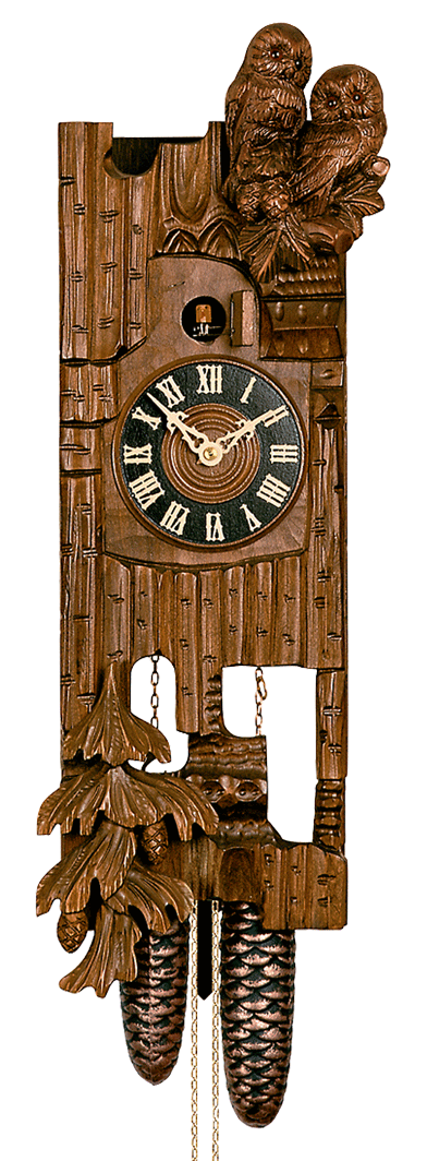 20" Eight Day Cuckoo Clock Hand Carved Owls, Pine Tree and Flat Front