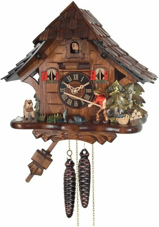 11" One Day Cuckoo Clock Cottage - Fisherman Raises Fishing Pole