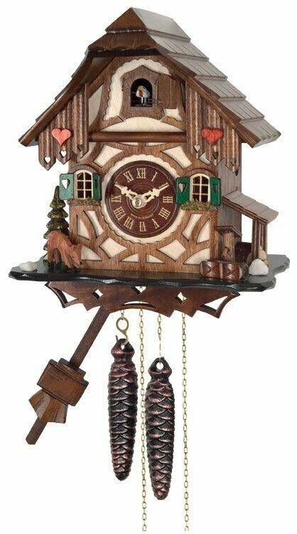 9" One Day cuckoo Clock Cottage with Deer, Tree, & Water Pump