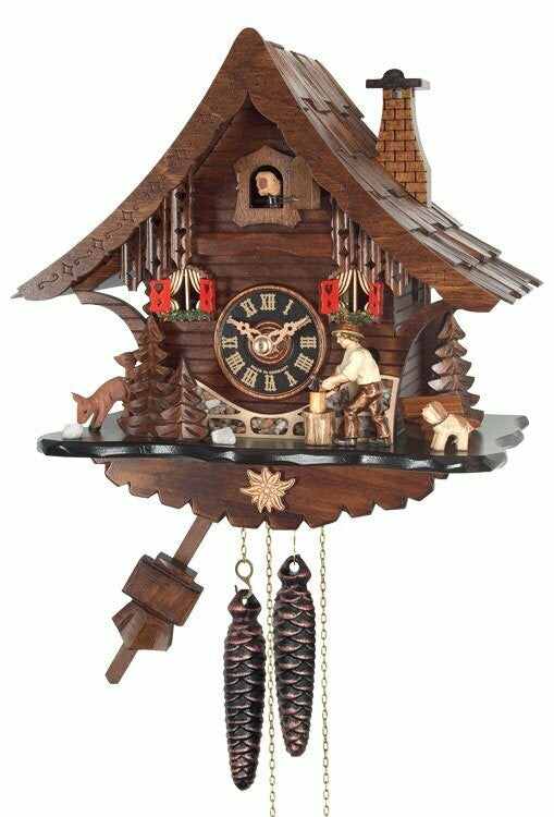 12" One Day Cuckoo Clock Cottage with Man Chopping Wood