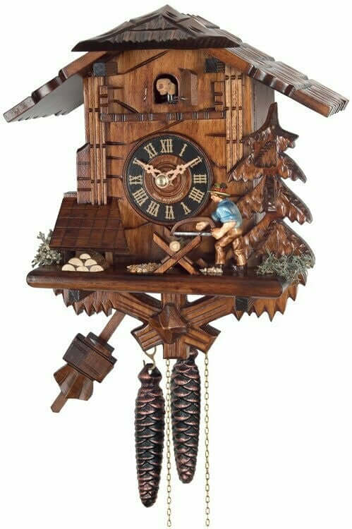 10" One Day Cuckoo Clock Cottage - Man Sawing Wood