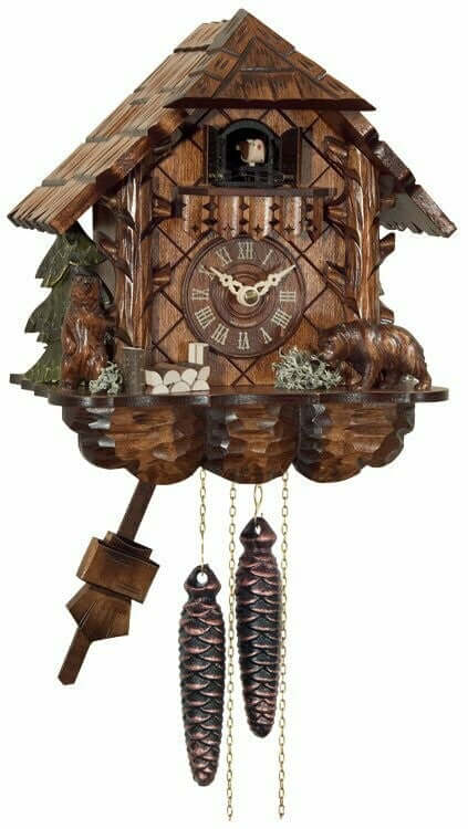 10" One Day Cuckoo Clock Cottage with Hand-carved Bears